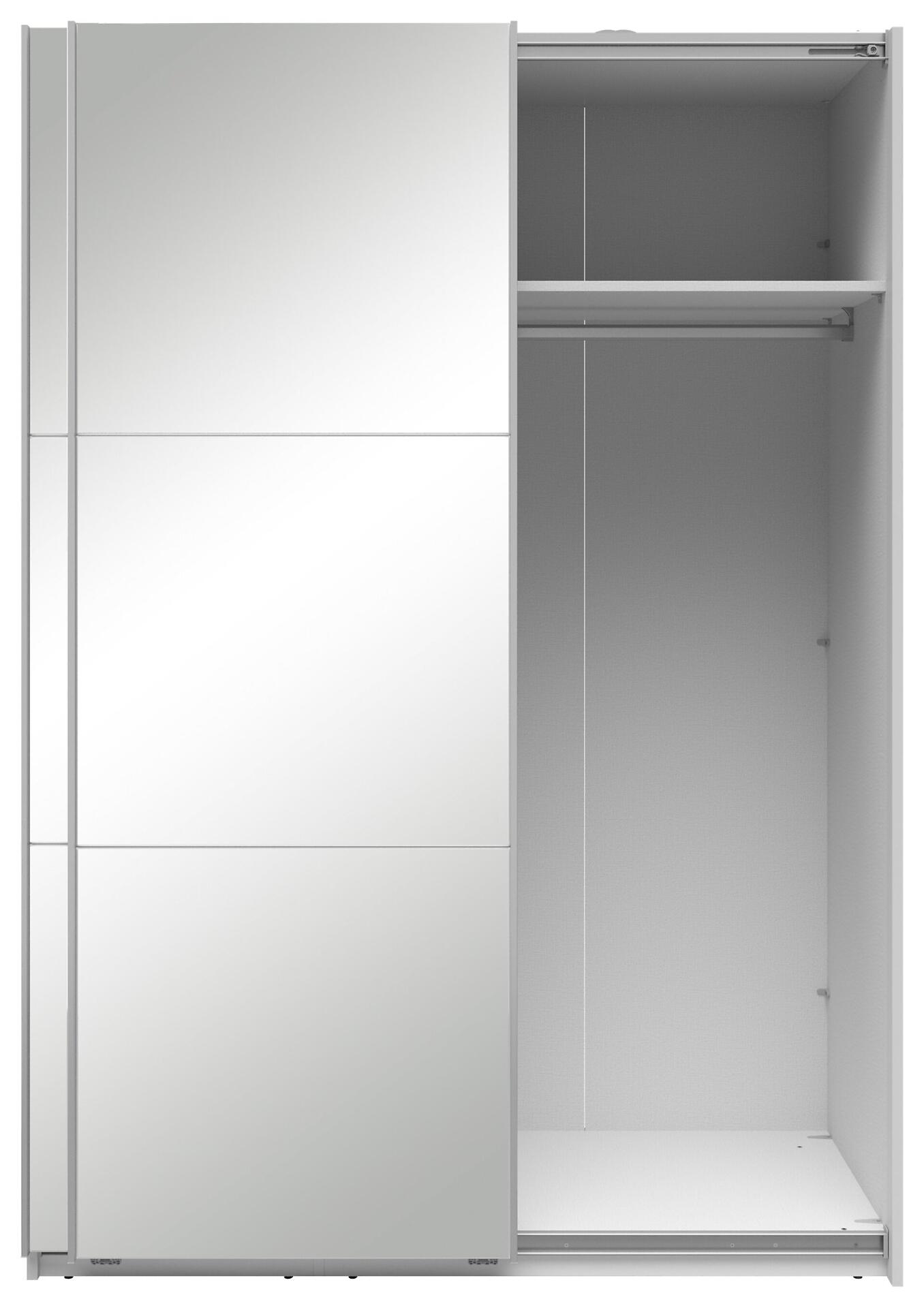 Schwebetürenschrank Neo mit Spiegelglasfront und innenliegenden Schranktüren, die beim Öffnen in den Schrankkorpus verschwinden, zeigt Regalböden und eine Kleiderstange.