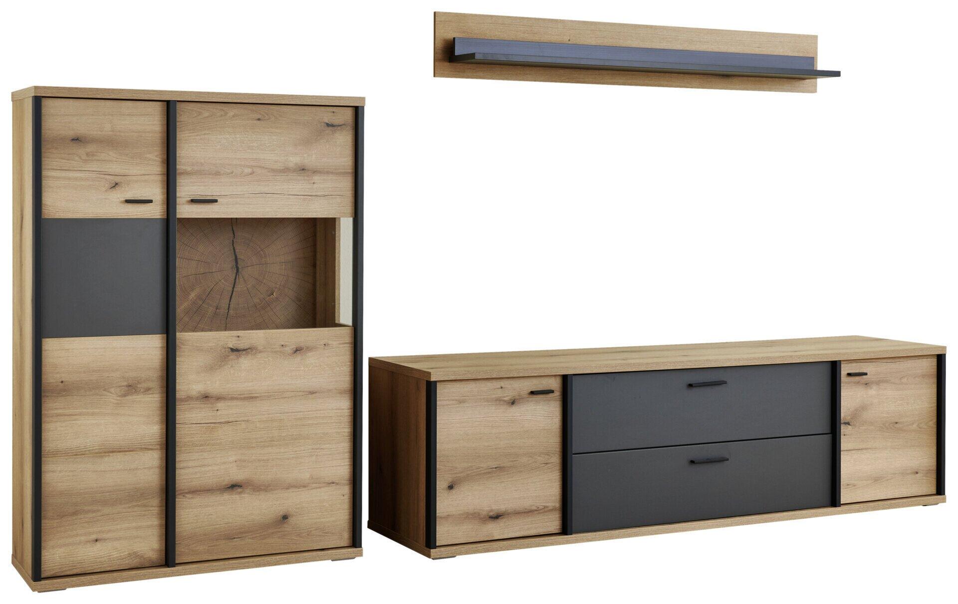 TV-/Wohnlösung Melo mit Highboard, schmalem Schrank mit quadratischem Fenster und breiter TV-Bank mit griffarmen Schubladen, dargestellt in frontaler Perspektive.
