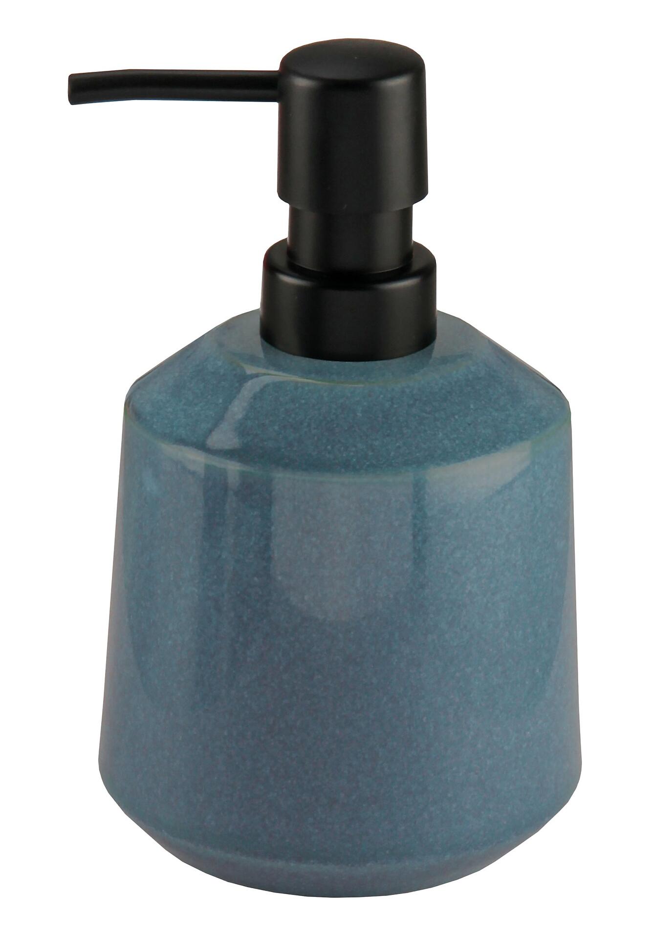 Seifenspender Mystic: Navy-blaue Steinzeug-Seifenspenderflasche mit zylindrischer Form, konischem Hals und schwarzem Pumpkopf.