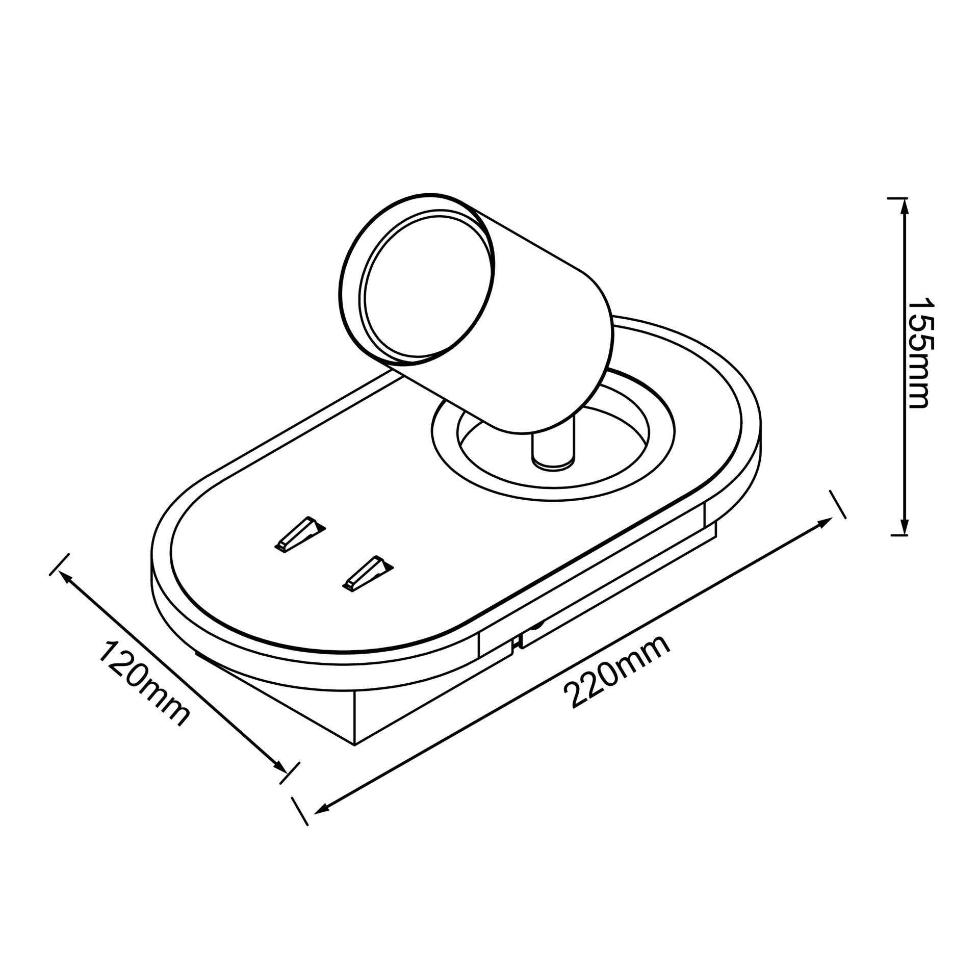 Technische Zeichnung der Spotleuchte Kimon mit den Maßen 120x220x155mm, die schwenkbaren Kopf und integrierten Funktionen wie USB-Anschluss zeigt.