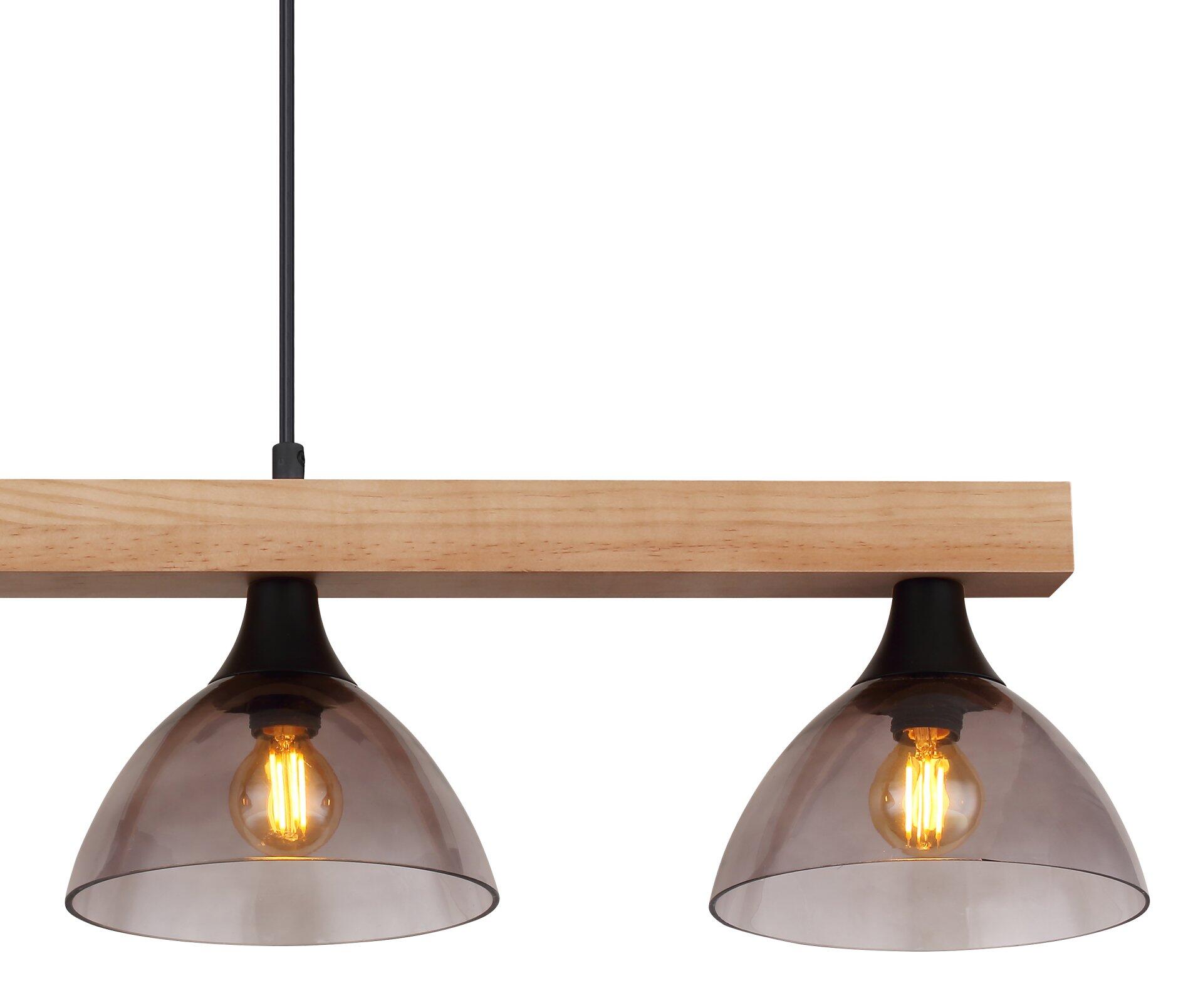 Pendelleuchte LINDI aus der Vogelperspektive mit horizontal ausgerichteten Lampenschirmen, Edison-Glühbirnen und verstellbarem Aufhängekabel.