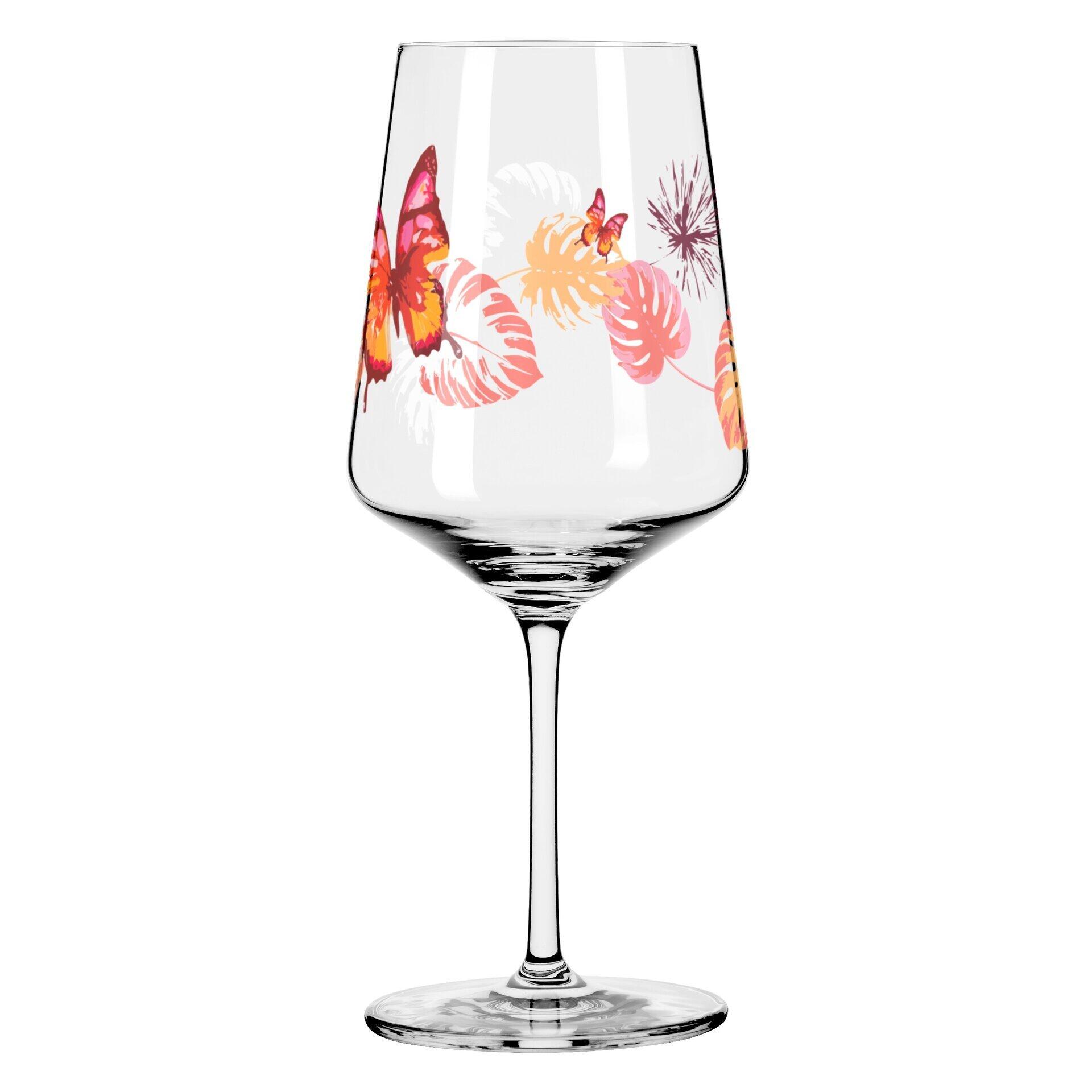 Aperitifglas mit floralem Dekor aus Schmetterlingen und Blättern, dargestellt in einem Profilblick.