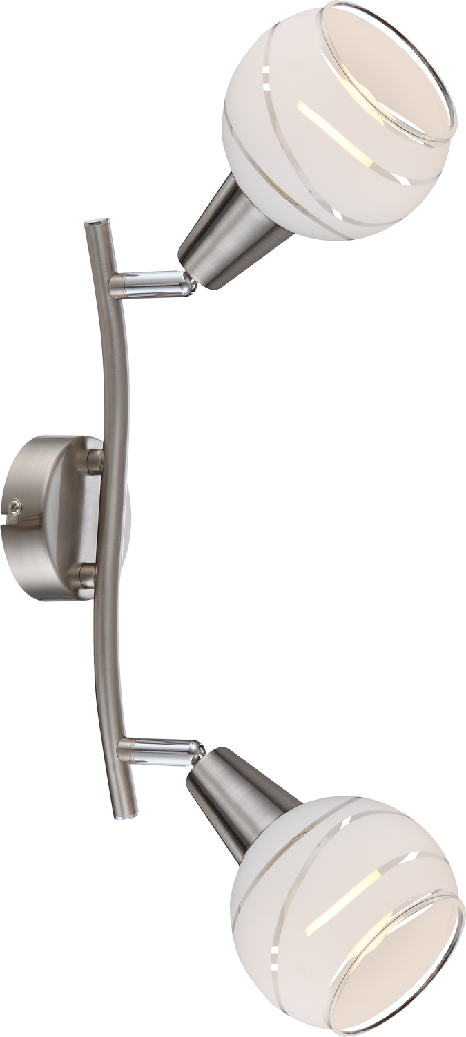 Verstellbare LED-Wandleuchte ELLIOTT mit zwei beweglichen Spotlight-Köpfen, die in unterschiedliche Richtungen ausgerichtet sind und warmweißes Licht abgeben.