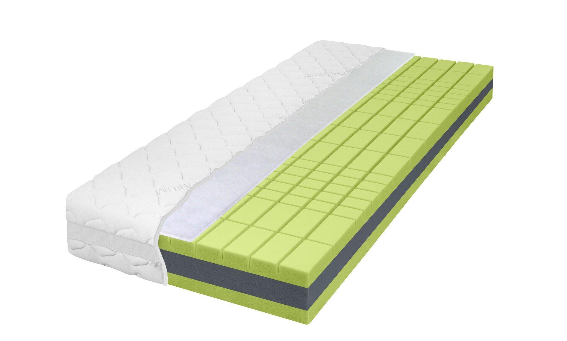 Querschnitt der DormiPur K600 Matratze mit 7-Zonen-Aufbau und Darstellung unterschiedlicher Schichten in Grün- und Grautönen zur Visualisierung der Zonenhärte.