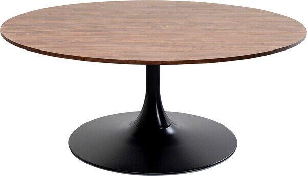 Couchtisch Schickeria im Mid-Century Modern Stil mit runder, dunkelbrauner Tischplatte und schmalem, konisch zulaufendem schwarzem Fuß.