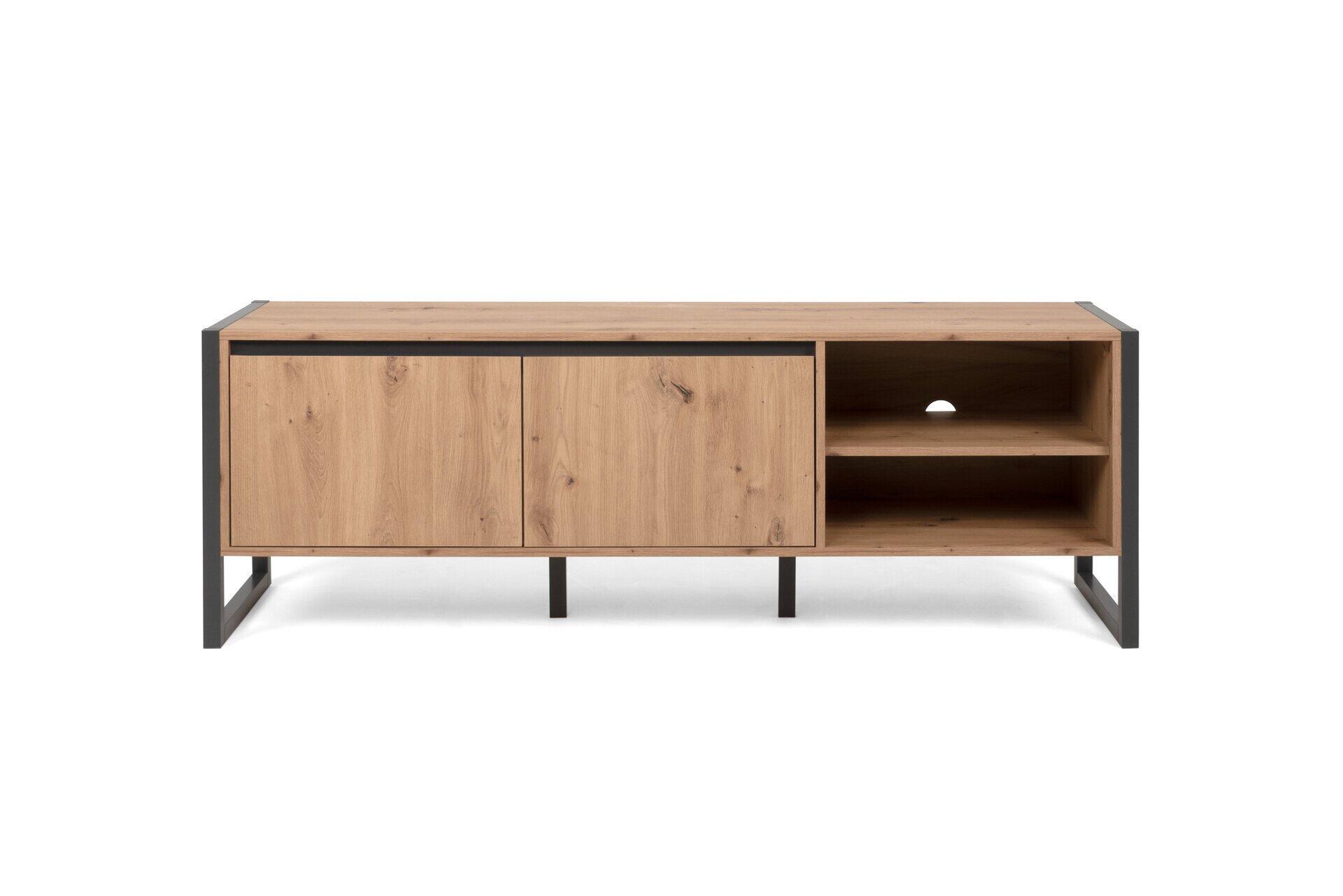 TV-Board Denver 54 mit zwei Türen und zwei offenen Fächern, wobei das mittlere Fach eine Kabelöffnung bietet und der Schrank auf schlanken Metallfüßen steht.