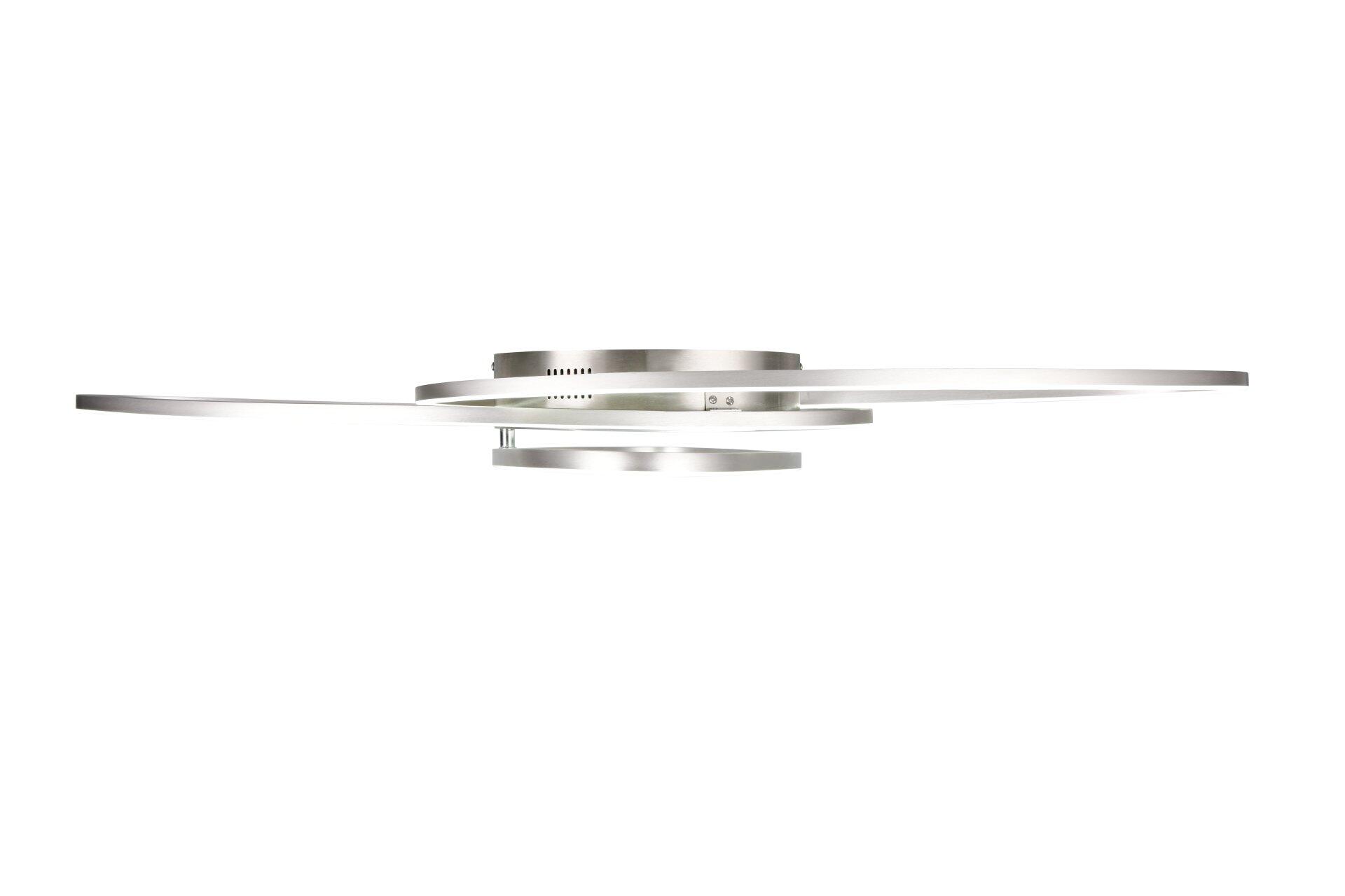 Deckenleuchte Ovine, silberfarbener Ventilator mit asymmetrischen, abgerundeten Flügeln und runder Basis, schräg von unten aufgenommen.