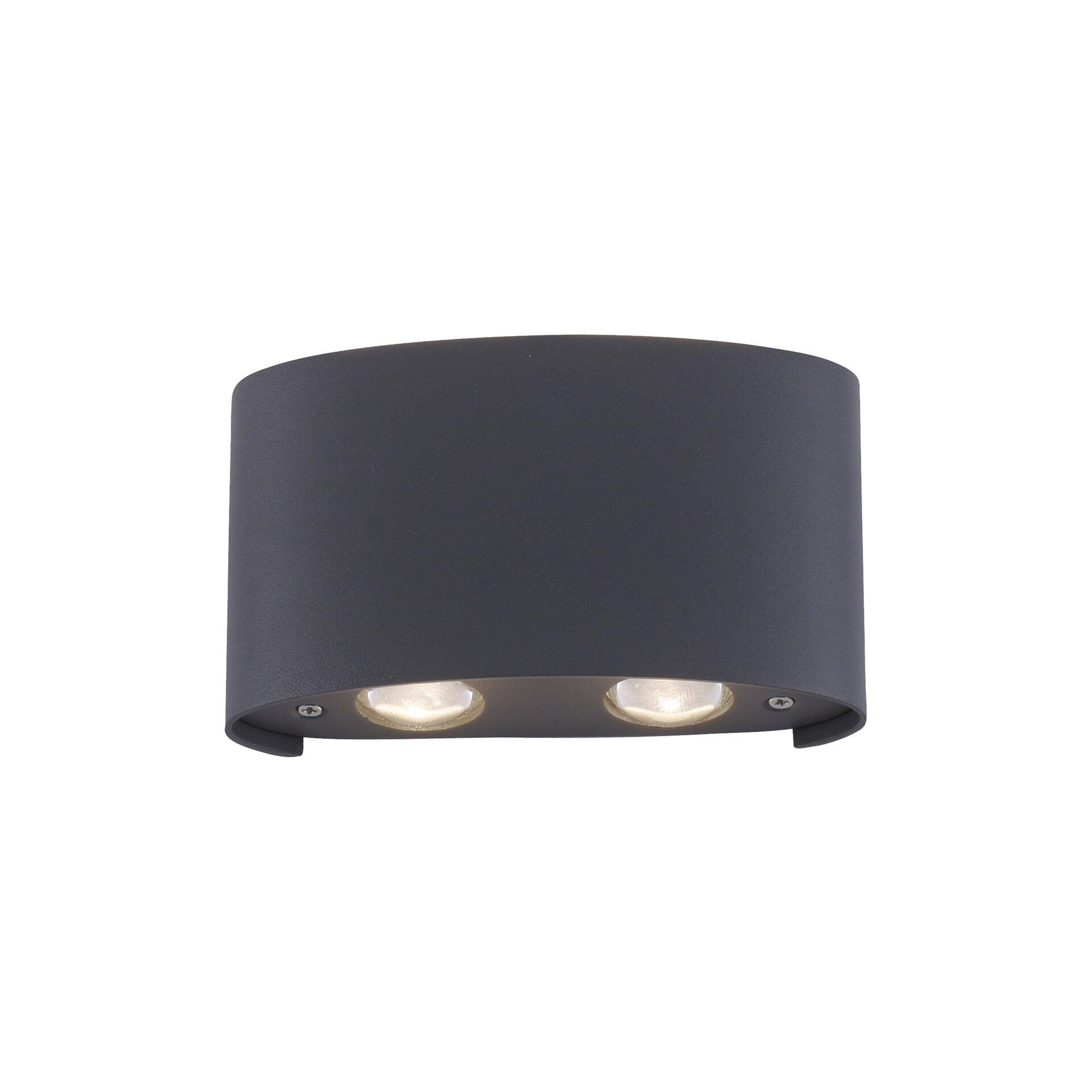 Wandleuchte Carlo, rundes Design in Dunkelgrau mit zwei integrierten LEDs zur indirekten Beleuchtung und Befestigungsschrauben an Ober- und Unterseite.