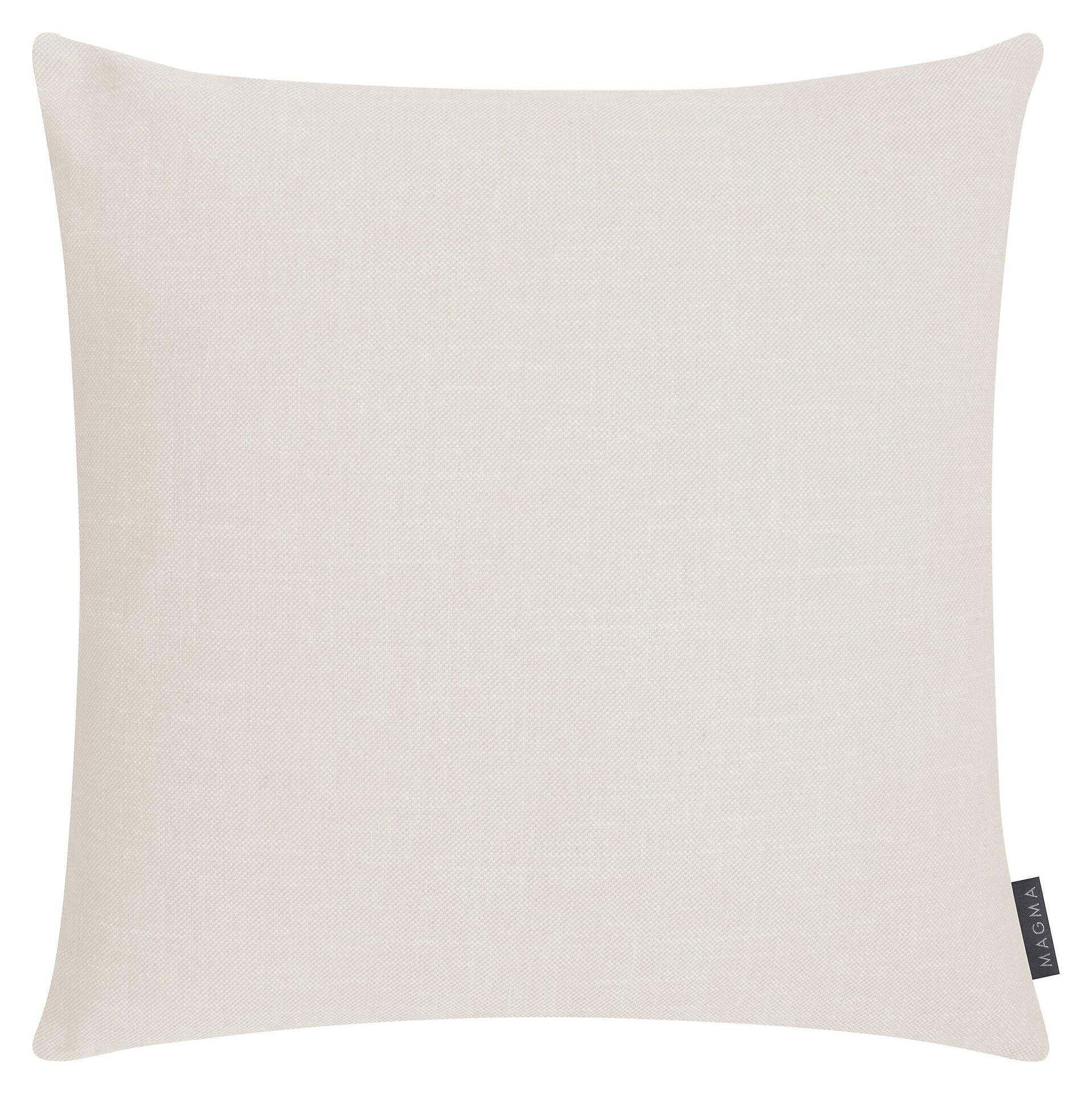 Quadratisches Kissen Riva in Beige mit strukturierter Jacquard-Webart und MAGMA-Etikett.