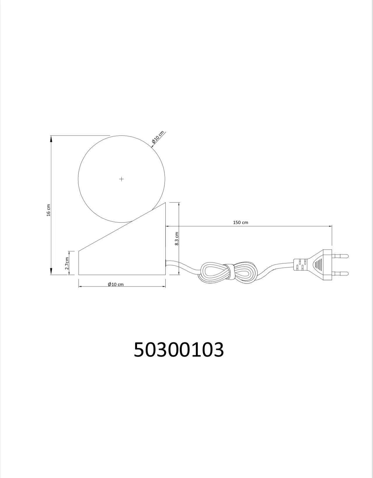 Tischleuchte ALISA mit Glaskugel-Schirm (Ø 10 cm, H 16 cm) und Touch-Funktion, dargestellt aus Draufsicht und Seitenansicht mit den Abmessungen.