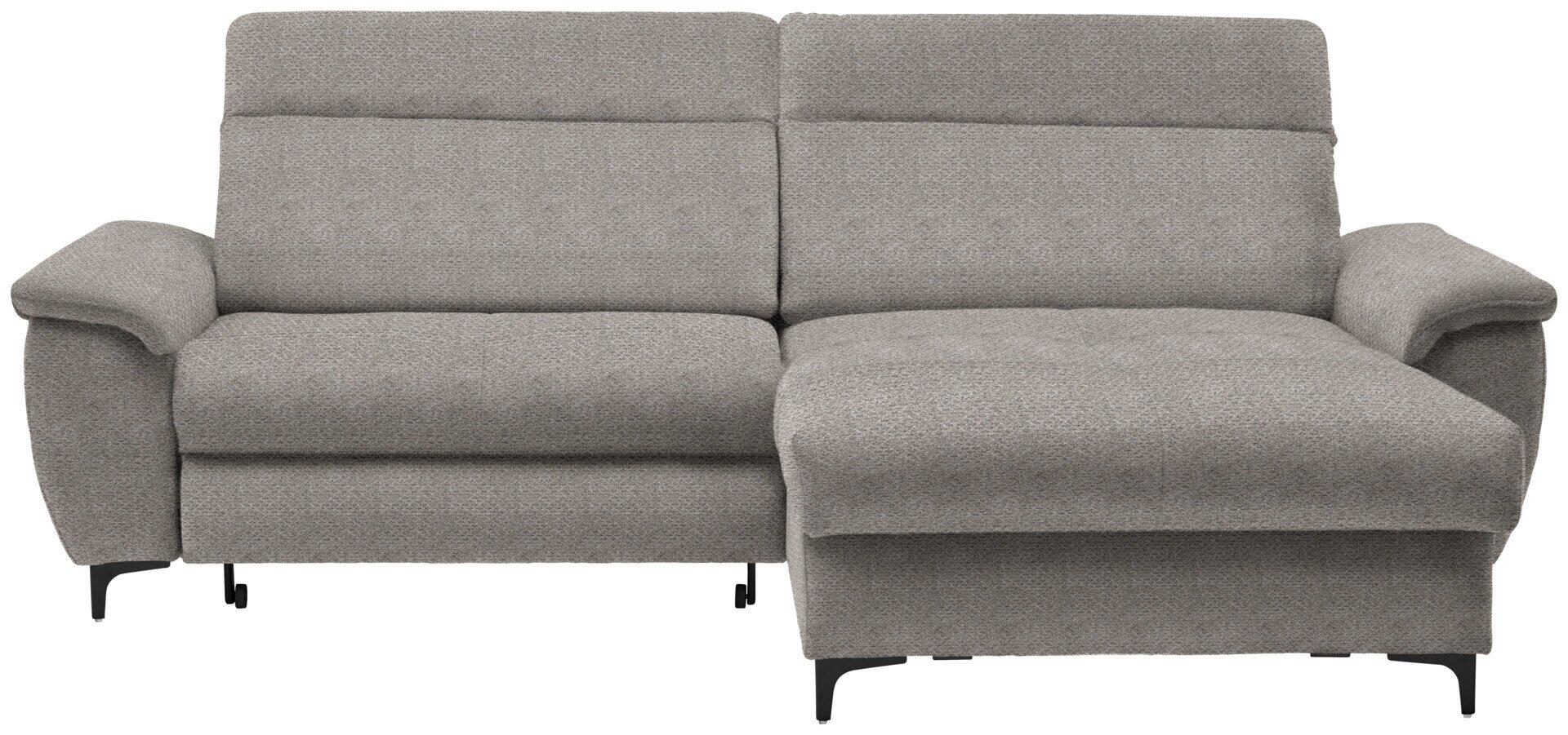 Graues Ecksofa im Retro-Design mit abklappbarer Sitzfläche, verstellbarer Rückenlehne und schwarzen Metallfüßen, aus Frontalperspektive detailliert dargestellt.