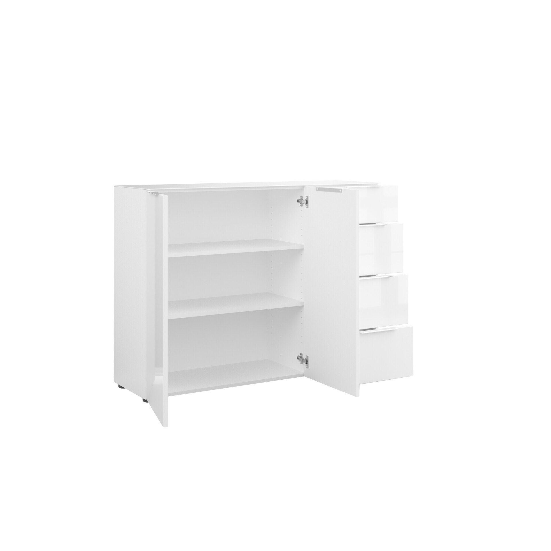 Weiße Kommode Style mit zwei leicht geöffneten Türen, die den Innenraum mit drei Regalböden und einer Schublade zeigen, sowie Details der Metallchrom-Griffe und der verstellbaren Bodengleiter.