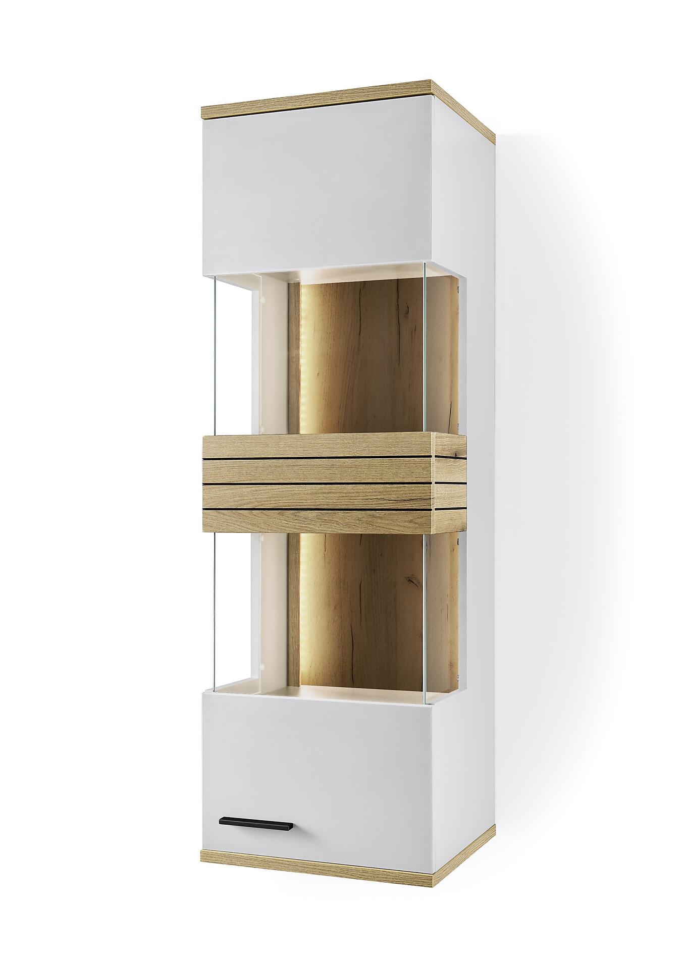 Hängevitrine MR Quincy ZAMV01 mit weißem Korpus, Holzplatte und LED-beleuchteten Regalböden hinter einer Tür, dargestellt in Frontalperspektive zur Verdeutlichung von Höhe und Tiefe.
